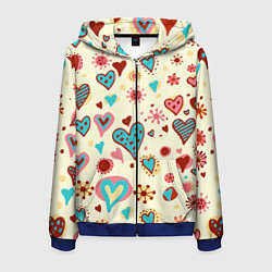 Толстовка 3D на молнии мужская Цветные сердечки, цвет: 3D-синий