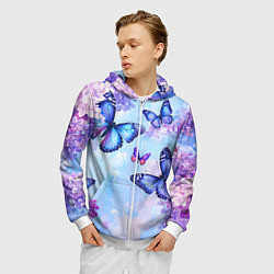 Толстовка 3D на молнии мужская Бабочки и сирень - нежная голубая живопись, цвет: 3D-белый — фото 2
