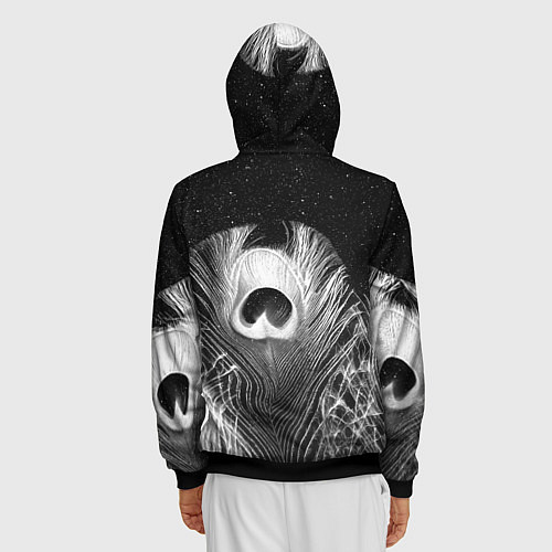Мужская толстовка на молнии Изогнутые белые перья павлина - чб иллюстрация / 3D-Черный – фото 4