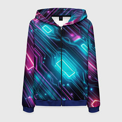 Толстовка 3D на молнии мужская Неоновый узор киберпанк микросхемы, цвет: 3D-синий