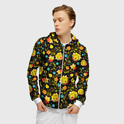 Толстовка 3D на молнии мужская Хохлома цветы, цвет: 3D-белый — фото 2