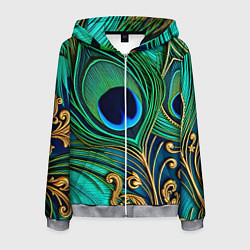 Толстовка 3D на молнии мужская Зеленые перья павлина, цвет: 3D-меланж