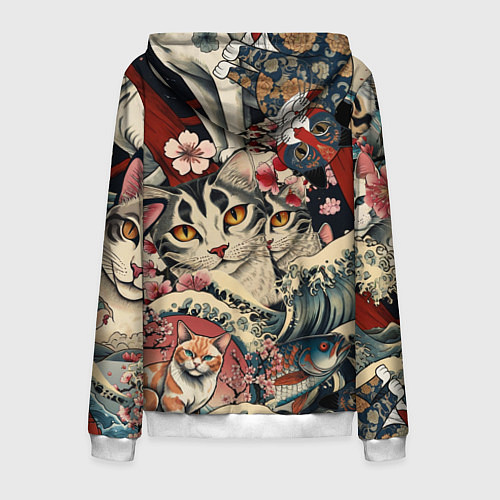 Мужская толстовка на молнии Котики и рыбки в сакуре / 3D-Белый – фото 2