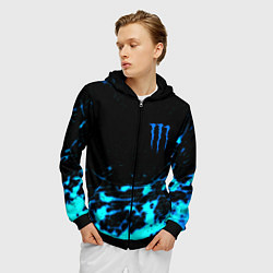 Толстовка 3D на молнии мужская Monster energy голубые краски, цвет: 3D-черный — фото 2