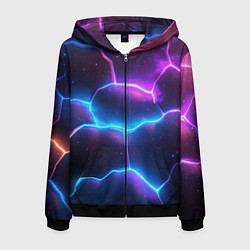 Толстовка 3D на молнии мужская Синие и фиолетовые молнии в разломе, цвет: 3D-черный