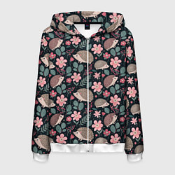 Толстовка 3D на молнии мужская Ёжики в цветах, цвет: 3D-белый