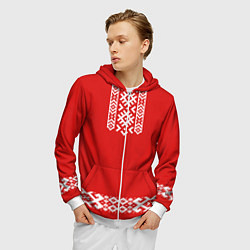 Толстовка 3D на молнии мужская Славянский узор на красном - вышиванка рубаха крас, цвет: 3D-белый — фото 2