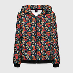Толстовка 3D на молнии мужская Черепа и цветы Santa Muerte, цвет: 3D-черный
