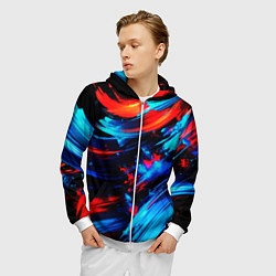 Толстовка 3D на молнии мужская Синие и красные мазки краски на черном, цвет: 3D-белый — фото 2