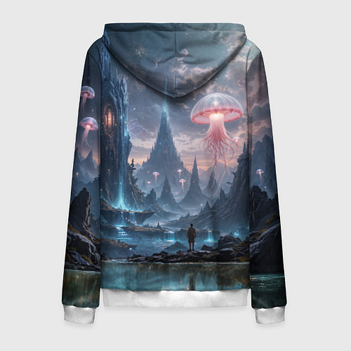 Мужская толстовка на молнии Фантастический мир с медузами и озеро у гор / 3D-Белый – фото 2