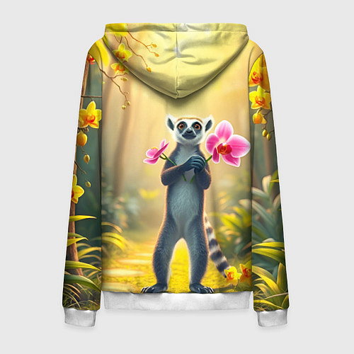 Мужская толстовка на молнии Лемур несёт орхидеи для любимой / 3D-Белый – фото 2