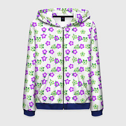 Мужская толстовка на молнии Зеленые фиолетовые цветы на белом фоне