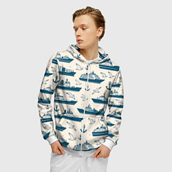 Толстовка 3D на молнии мужская Морской паттерн из чаек, якорей и кораблей, цвет: 3D-белый — фото 2