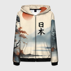 Толстовка 3D на молнии мужская Минималистичный Японский пейзаж, цвет: 3D-черный