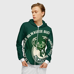 Толстовка 3D на молнии мужская Milwaukee Bucks надпись, цвет: 3D-белый — фото 2