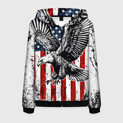 Толстовка 3D на молнии мужская Орел на фоне американского флага USA, цвет: 3D-черный