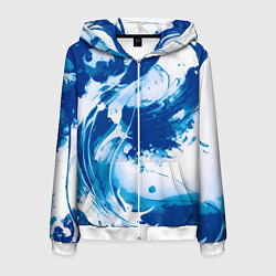 Толстовка 3D на молнии мужская Бело-синий абстракция морская волна, цвет: 3D-белый