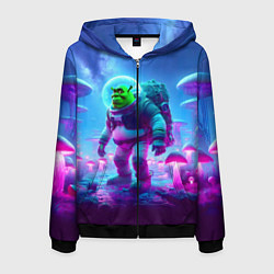 Толстовка 3D на молнии мужская Шрек бравый космонавт на планете неоновых грибов, цвет: 3D-черный