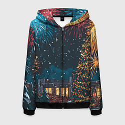 Толстовка 3D на молнии мужская Новогодний салют, цвет: 3D-черный