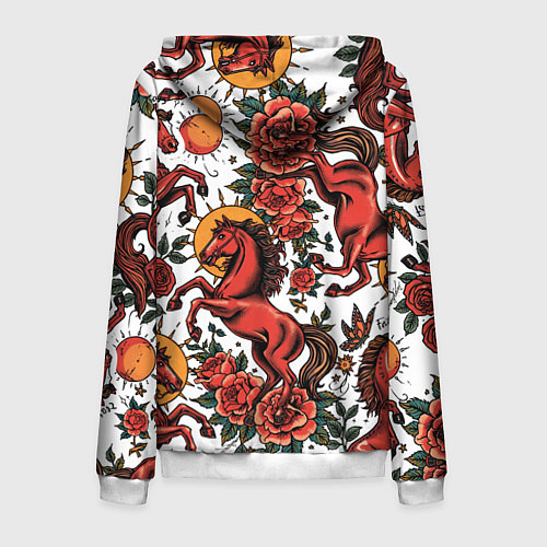 Мужская толстовка на молнии Красный конь в стиле татуировки / 3D-Белый – фото 2