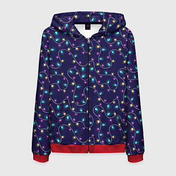 Толстовка 3D на молнии мужская Новогодние гирлянды, цвет: 3D-красный