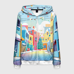 Толстовка 3D на молнии мужская Разноцветный новогодний дворик, цвет: 3D-белый