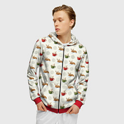Толстовка 3D на молнии мужская Зимний паттерн с оленем и чашками какао, цвет: 3D-красный — фото 2