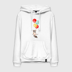 Толстовка-худи хлопковая мужская Енот на шариках, цвет: белый