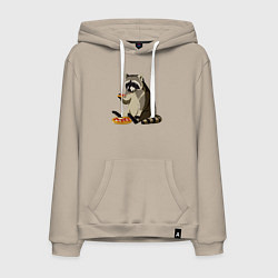 Толстовка-худи хлопковая мужская Енот кушает пиццу, цвет: миндальный