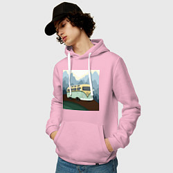 Толстовка-худи хлопковая мужская Машина и горы в путешествии, цвет: светло-розовый — фото 2