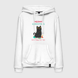 Толстовка-худи хлопковая мужская Meowy Christmas and a happy purr year, цвет: белый