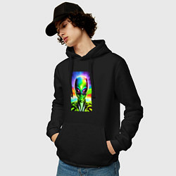 Толстовка-худи хлопковая мужская Alien - neural network - neon glow - pop art, цвет: черный — фото 2