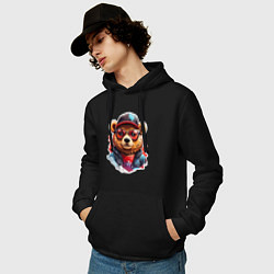 Толстовка-худи хлопковая мужская Модный медведь в кепке и в очках, цвет: черный — фото 2