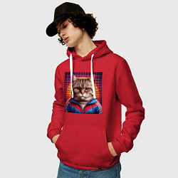 Толстовка-худи хлопковая мужская Полосатый кот в спортивной куртке, цвет: красный — фото 2