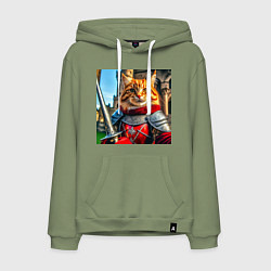 Толстовка-худи хлопковая мужская Рыжий кот рыцарь с мечом, цвет: авокадо