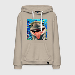 Толстовка-худи хлопковая мужская Веселая акула с высунутым языком в океане, цвет: миндальный