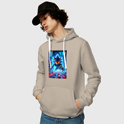 Толстовка-худи хлопковая мужская Hedgehog in neon metropolis - ai art, цвет: миндальный — фото 2