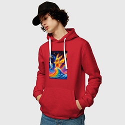 Толстовка-худи хлопковая мужская Огненный Пикачу на волне - нейроарт фантазия, цвет: красный — фото 2