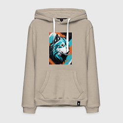 Толстовка-худи хлопковая мужская Серо-голубой волк, цвет: миндальный