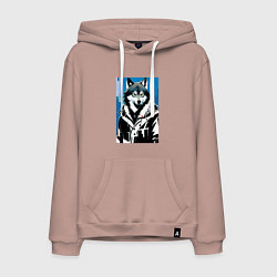 Толстовка-худи хлопковая мужская Волк в мегаполисе - нейроарт, цвет: пыльно-розовый