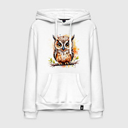 Толстовка-худи хлопковая мужская Акварельная сова, цвет: белый