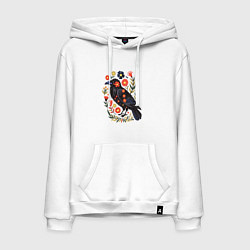 Толстовка-худи хлопковая мужская Ворона в цветах фолк арт, цвет: белый