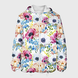 Куртка с капюшоном мужская Цветы и бабочки 10, цвет: 3D-белый