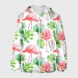 Куртка с капюшоном мужская Фламинго в тропиках, цвет: 3D-белый