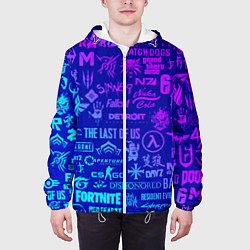 Куртка с капюшоном мужская Неоновые геймерские лого, цвет: 3D-белый — фото 2