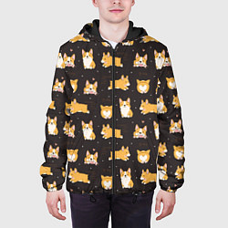 Куртка с капюшоном мужская Вельш корги бемброк - забавные щенки паттерн, цвет: 3D-черный — фото 2