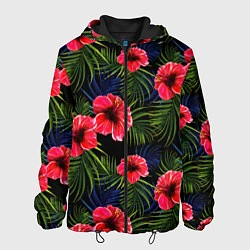 Куртка с капюшоном мужская Тропические цветы и листья, цвет: 3D-черный