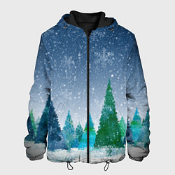 Куртка с капюшоном мужская Снежинки в лесу, цвет: 3D-черный