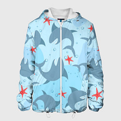 Куртка с капюшоном мужская Акулы паттерн, цвет: 3D-белый