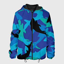 Куртка с капюшоном мужская Акулы паттерн, цвет: 3D-черный